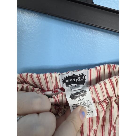 Girls Mud Pie Striped Christmas Pom Pom Skirt With Built In Tights Size 24M/2T - Picture 4 of 4